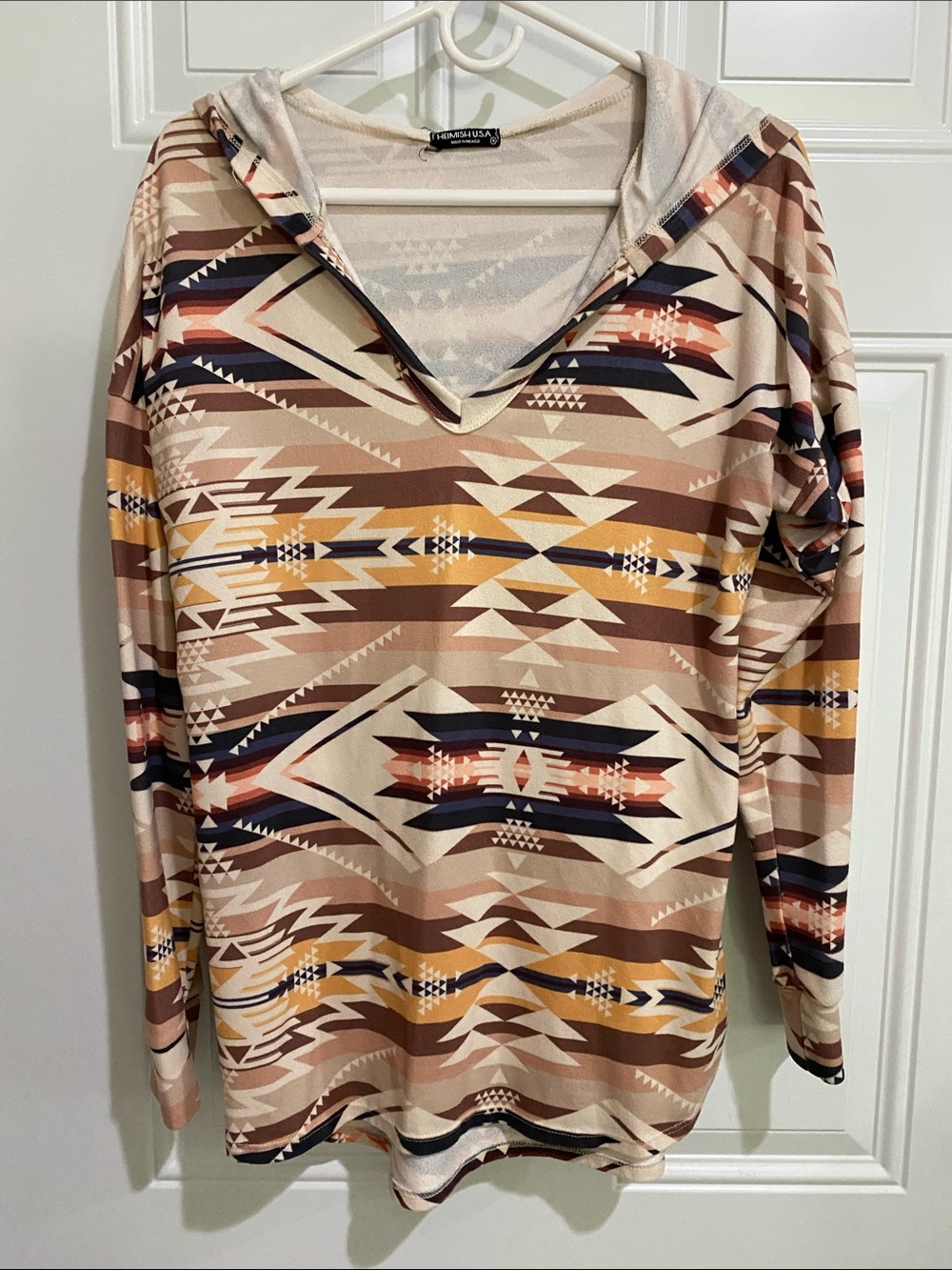 HEIMISH USA Aztec Hooded Pullover in Beige, Tan & Navy